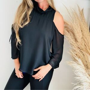 NAKED ZEBRA Black Flowy Cold Shoulder Cowl Neck 3/4 Long $68 Blouse Shirt Top L